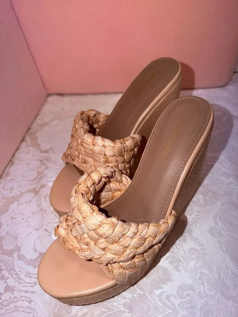 Lemonade Raffia Braided Strap Platform Wedge Slide Sandal Nude